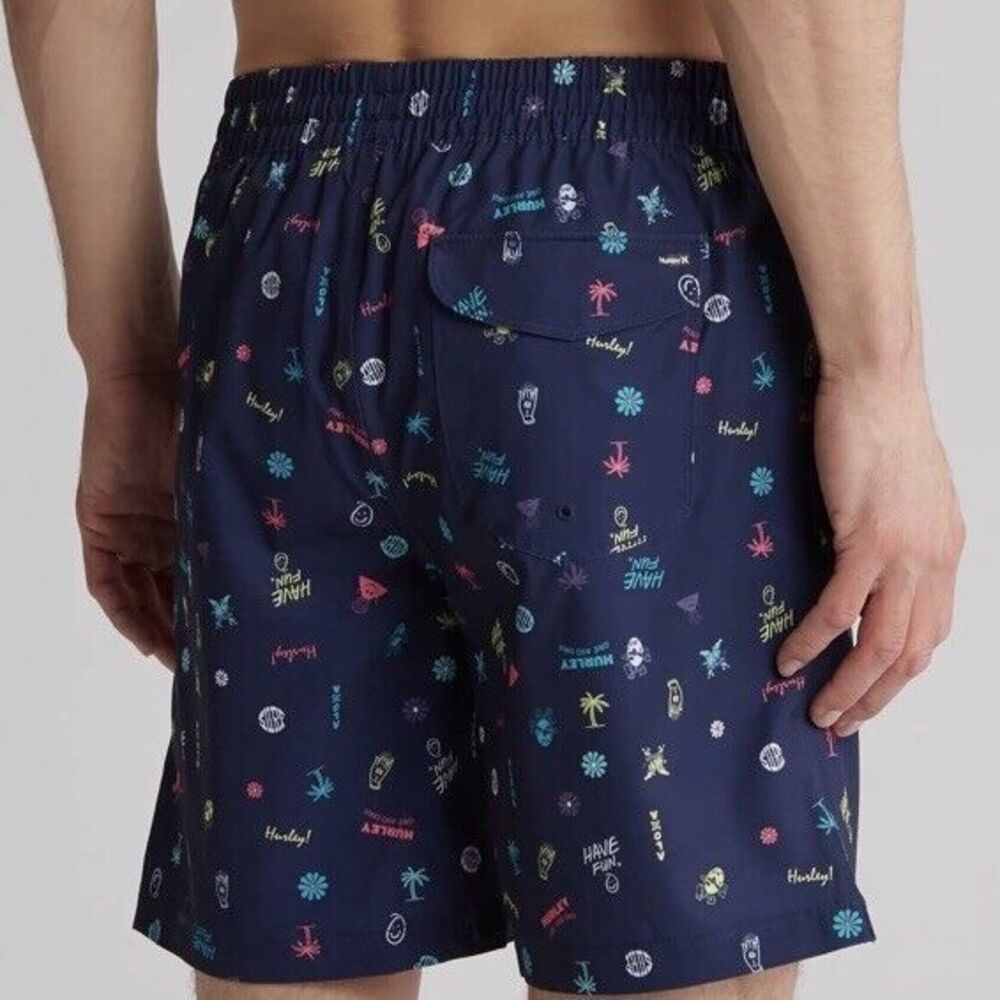 New $45 Hurley Volley Swim‎ Shorts Mens HAVE FUN! Blue Palms Surf Aloha Lined XL